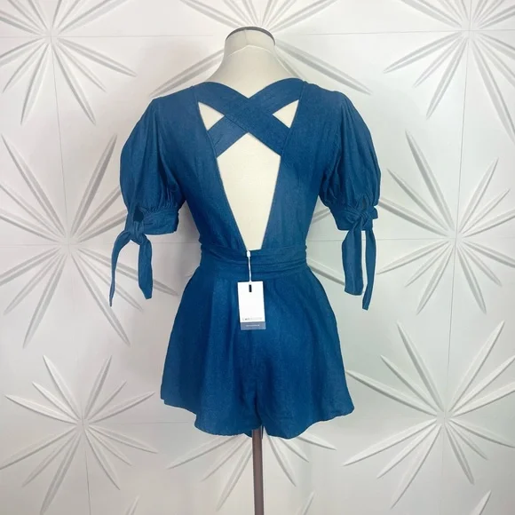 C/MEO Collective Kind to you Romper Puff Sleeve Cross Back Romper in Indigo - Picture 12 of 14